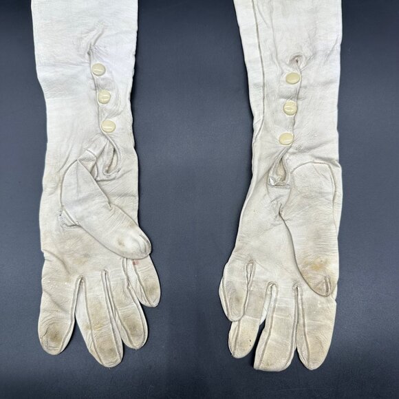 Antique Victorian Kid Leather Opera Gloves Long White Snaps Formal Wedding As Is - Picture 5 of 16